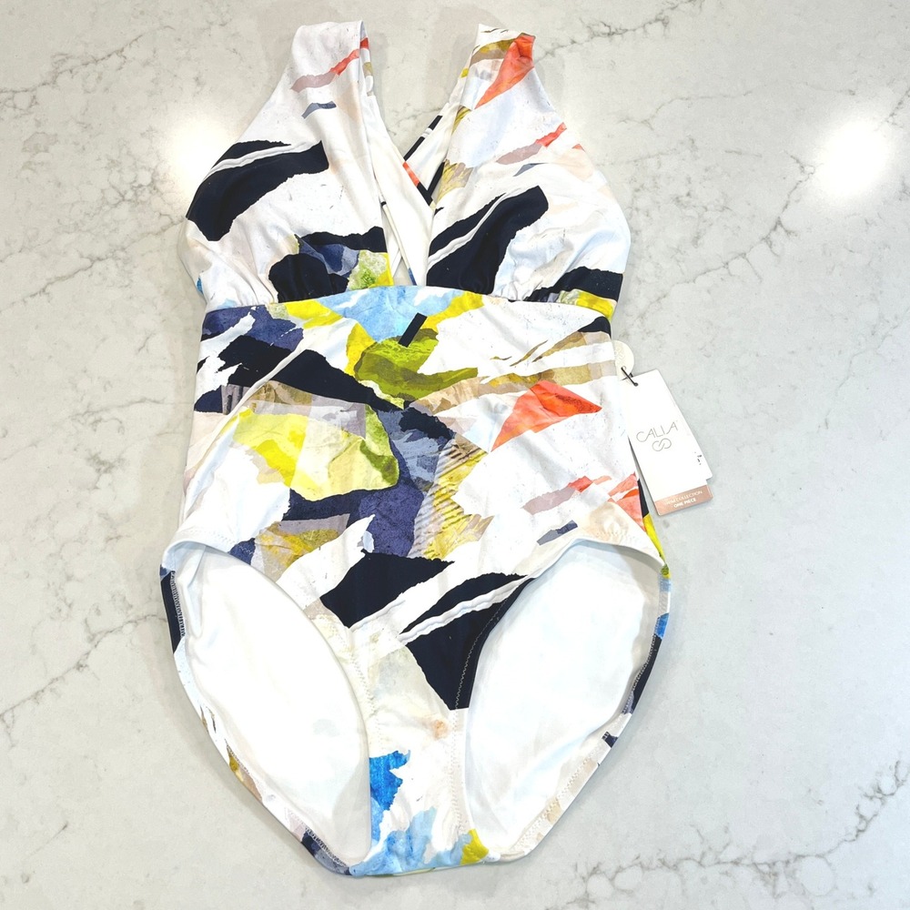 CALIA Cutout Halter High Leg One Piece Swimsuit Womens 4 White Collage Padded
